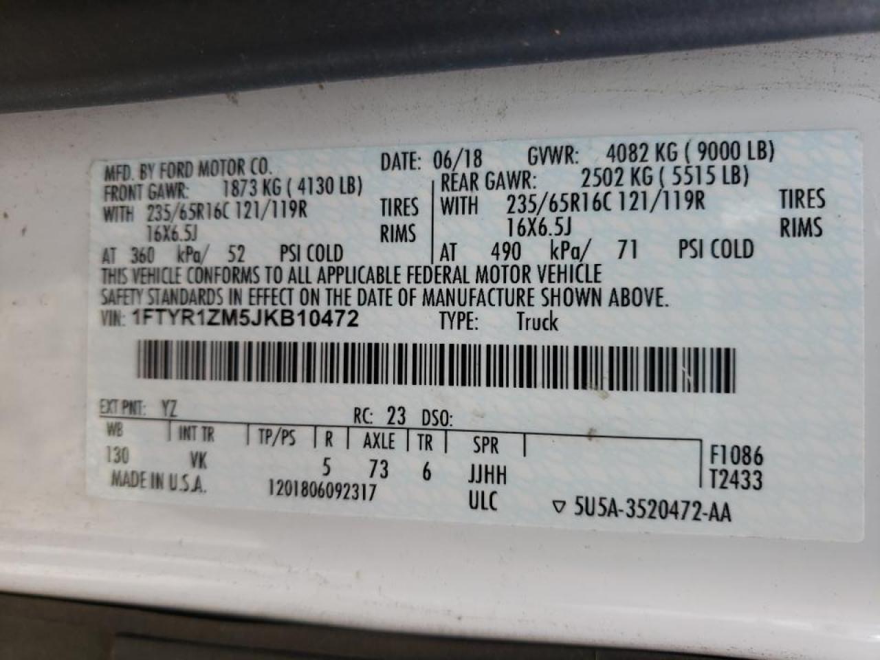 Photo 10 from auction – 2018 FORD TRANSIT T- with VIN 1FTYR1ZM5JKB10472