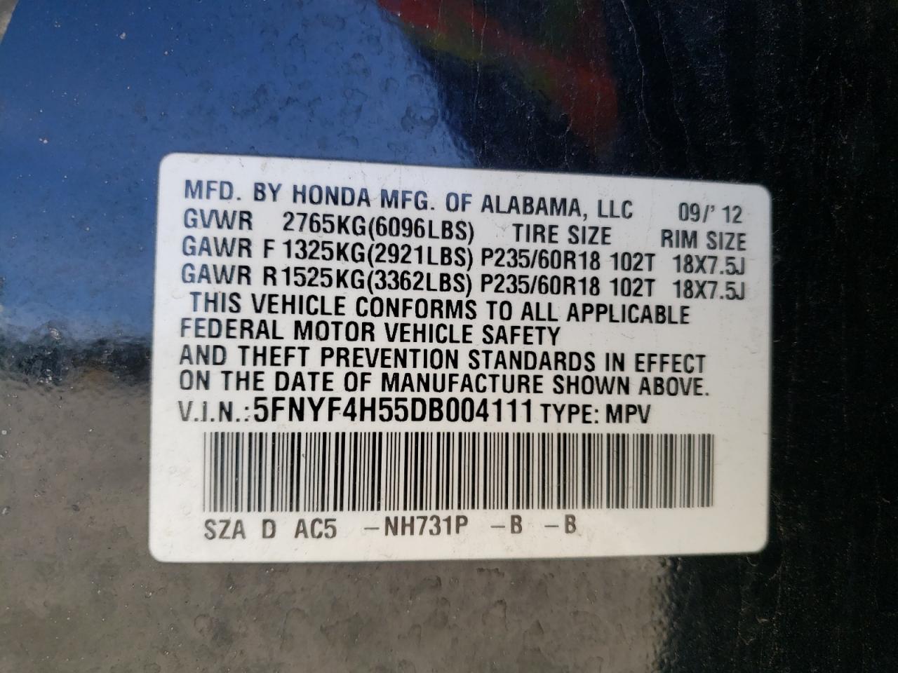 Photo 10 from auction – 2013 HONDA PILOT EXL with VIN 5FNYF4H55DB004111