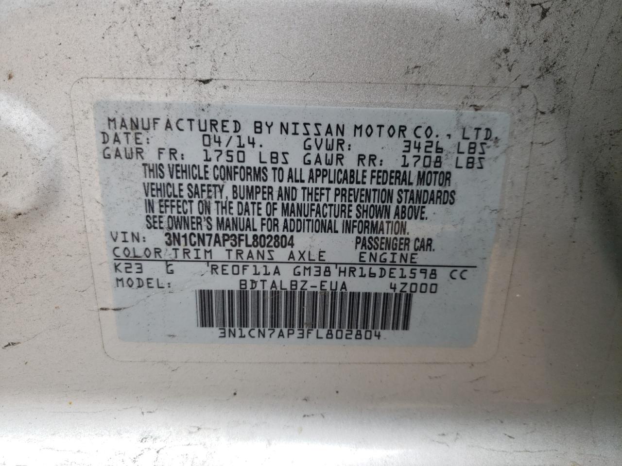 Photo 10 from auction – 2015 NISSAN VERSA S with VIN 3N1CN7AP3FL802804