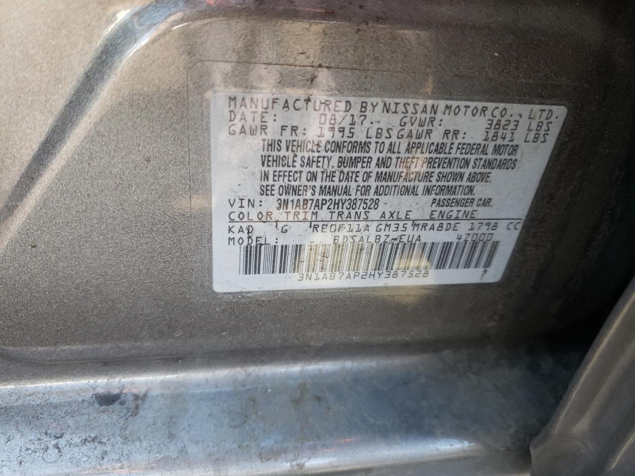 Photo 10 from auction – 2017 NISSAN SENTRA S with VIN 3N1AB7AP2HY387528