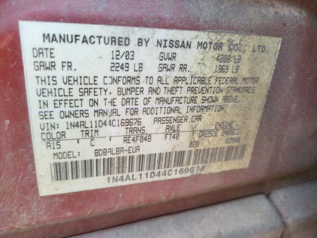 Photo 10 from auction – 2004 NISSAN ALTIMA BAS with VIN 1N4AL11D44C169676