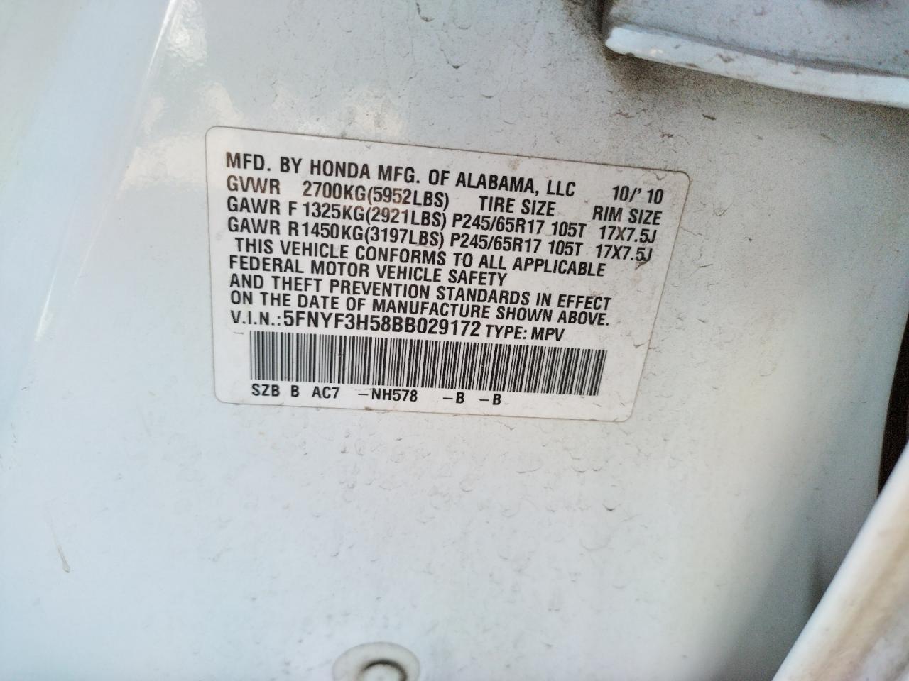 Photo 10 from auction – 2011 HONDA PILOT EXL with VIN 5FNYF3H58BB029172