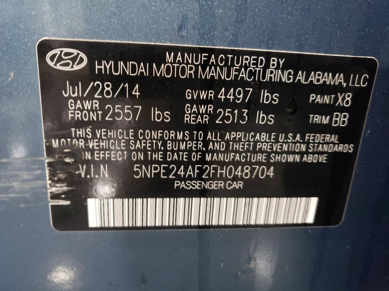 Photo 10 from auction – 2015 HYUNDAI SONATA SE with VIN 5NPE24AF2FH048704