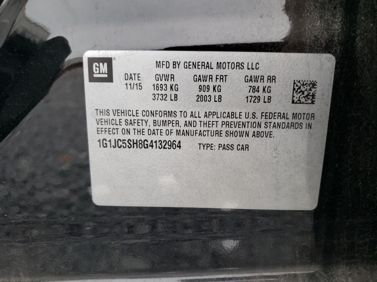 Photo 10 from auction – 2016 CHEVROLET SONIC LT with VIN 1G1JC5SH8G4132964