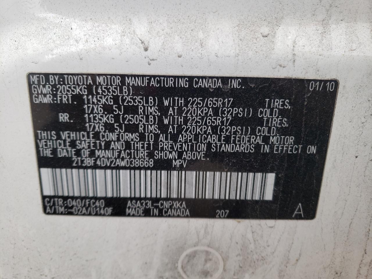 Photo 10 from auction – 2010 TOYOTA RAV4 with VIN 2T3BF4DV2AW038668