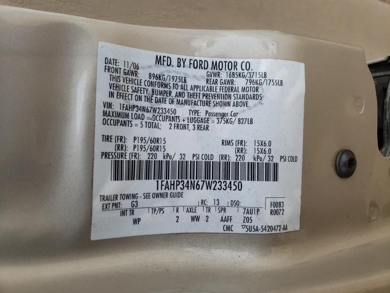 Photo 10 from auction – 2007 FORD FOCUS ZX4 with VIN 1FAHP34N67W233450