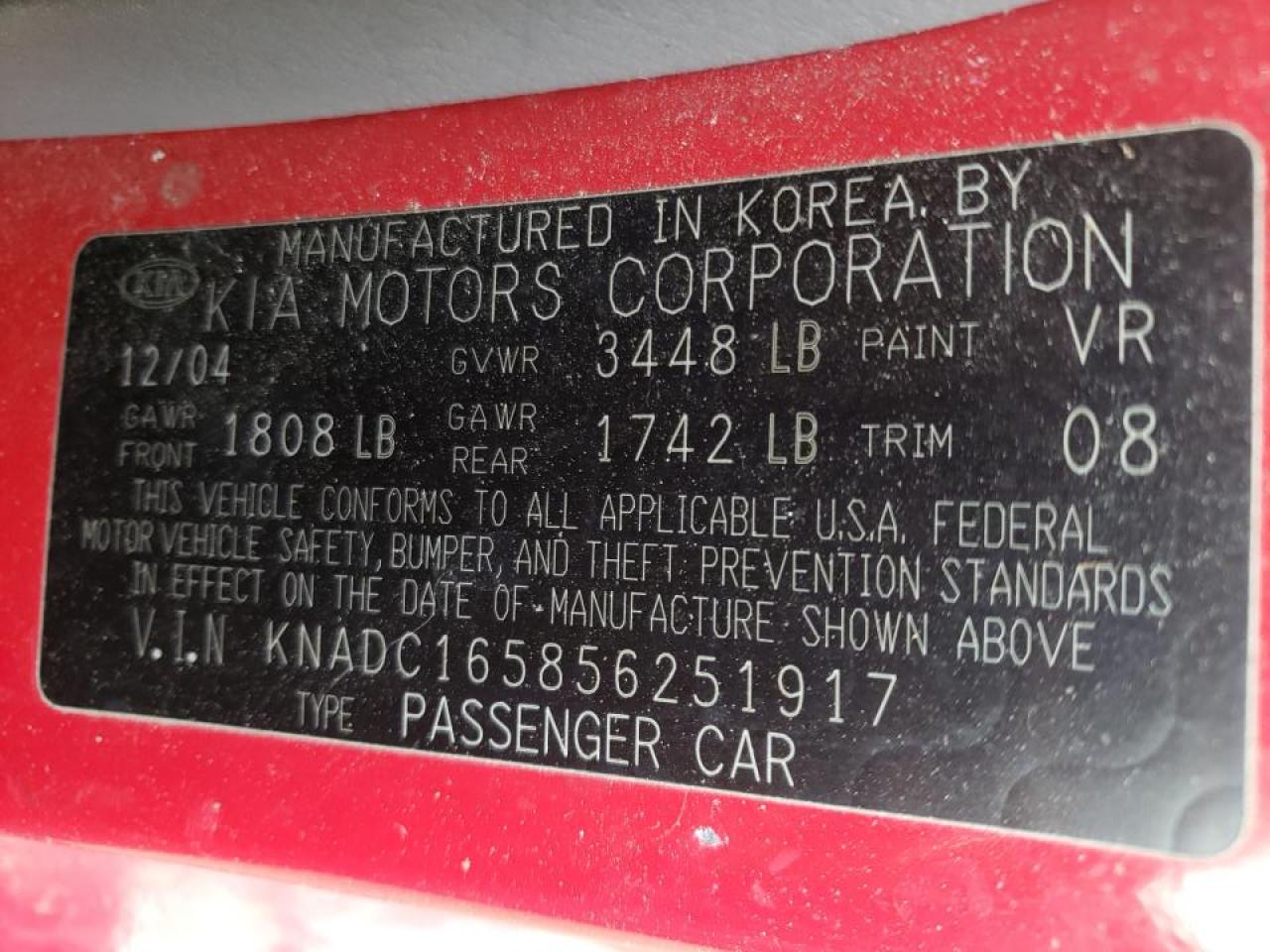Photo 10 from auction – 2005 KIA RIO CINCO with VIN KNADC165856251917