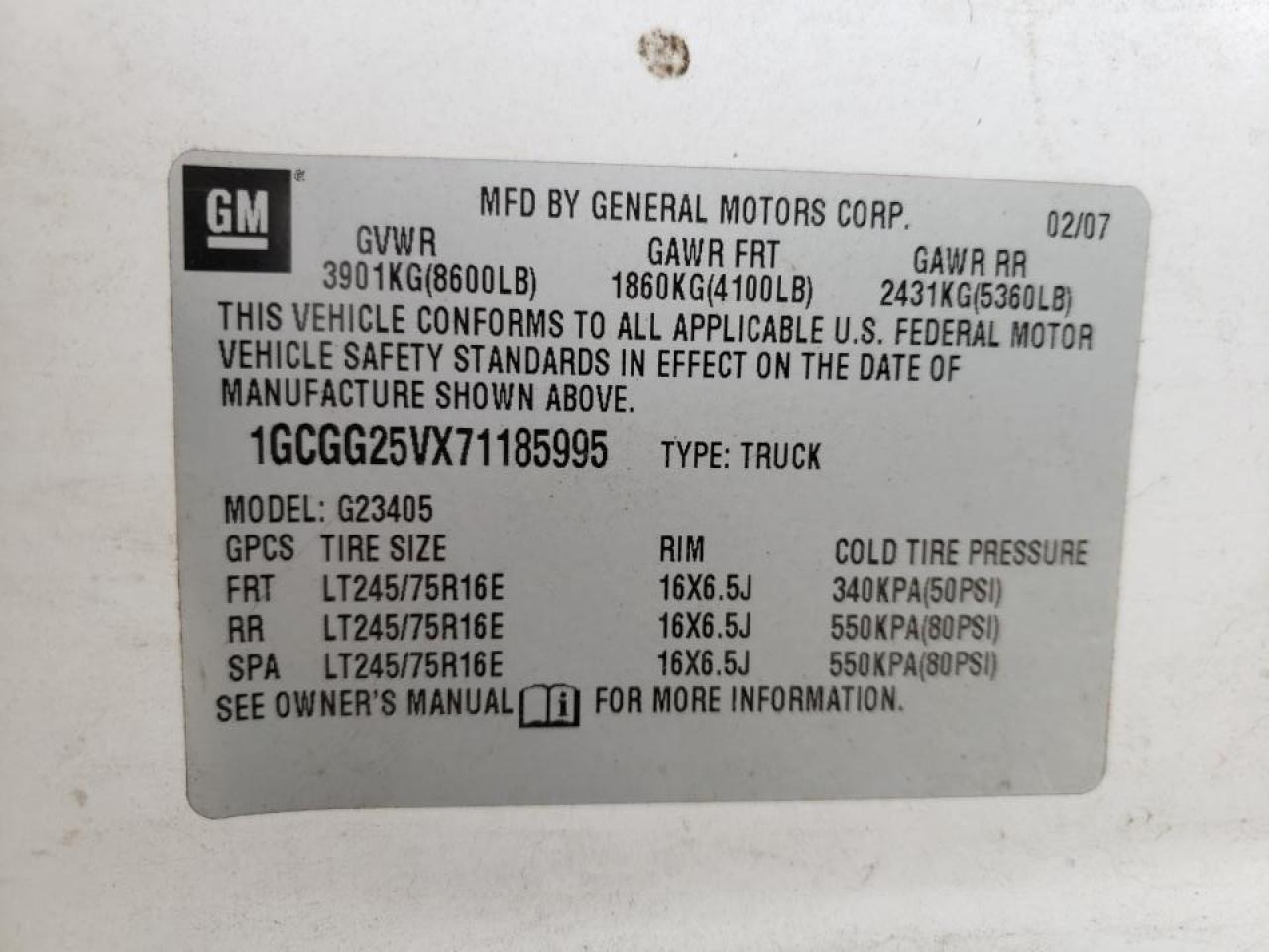 Photo 10 from auction – 2007 CHEVROLET EXPRESS G2 with VIN 1GCGG25VX71185995