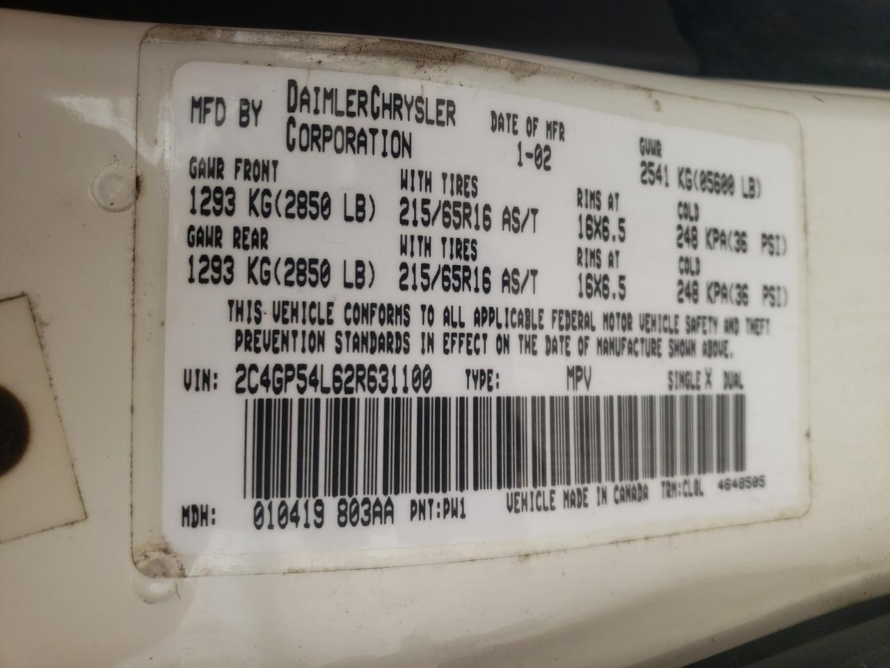 Photo 10 from auction – 2002 CHRYSLER TOWN & COU with VIN 2C4GP54L62R631100
