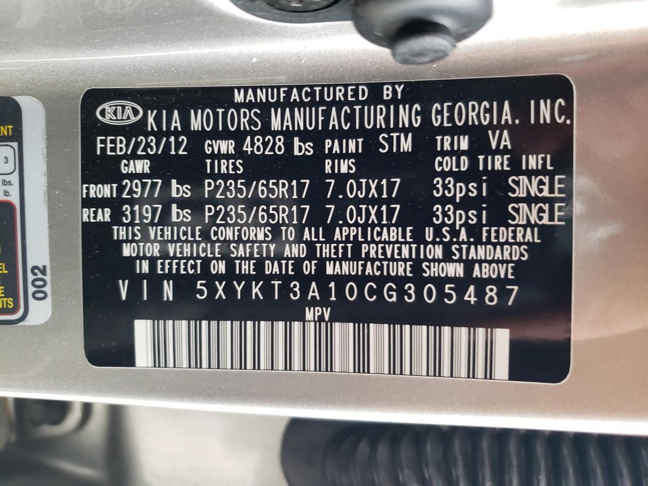 Photo 10 from auction – 2012 KIA SORENTO BA with VIN 5XYKT3A10CG305487