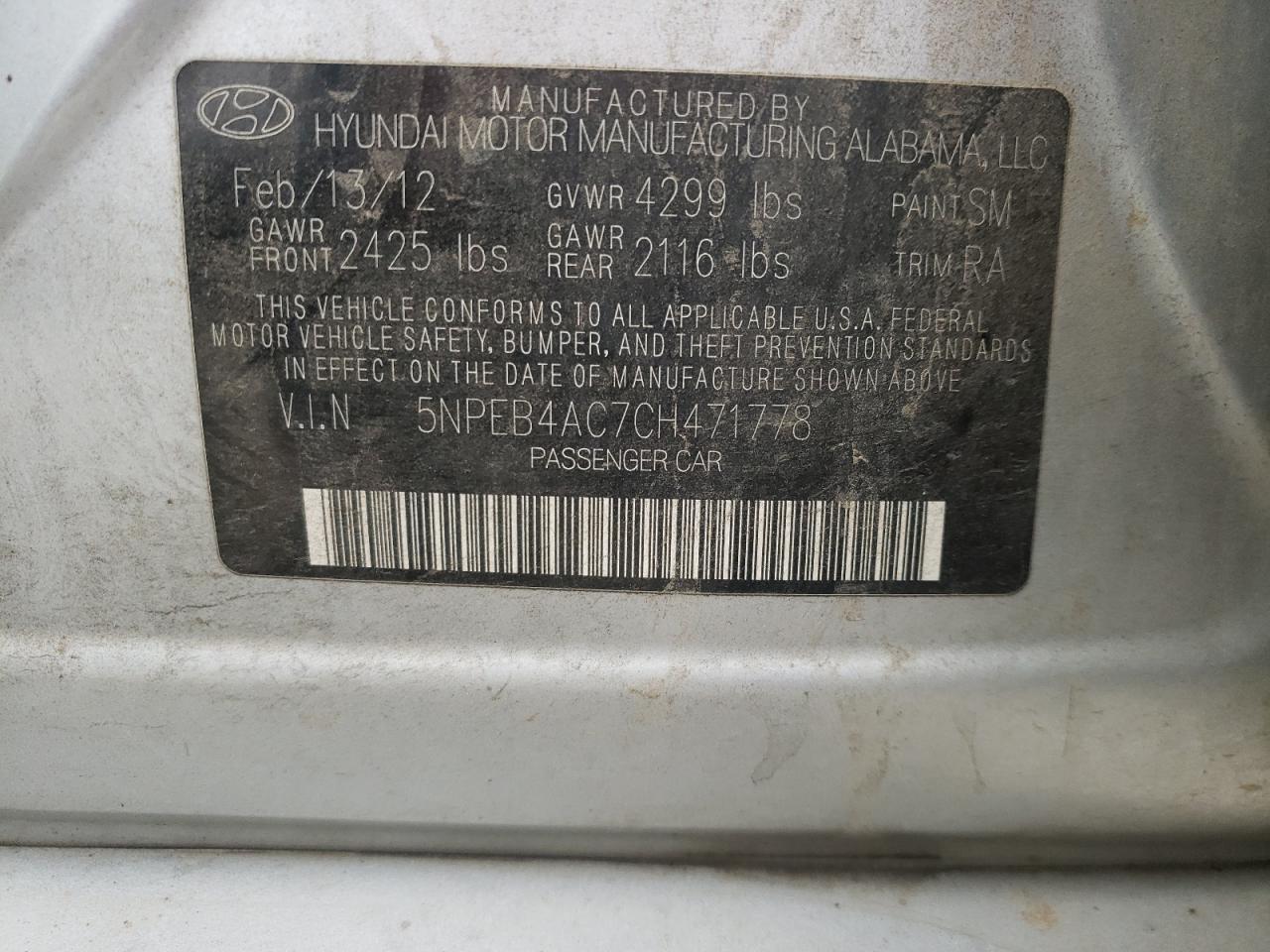 Photo 10 from auction – 2012 HYUNDAI SONATA GLS with VIN 5NPEB4AC7CH471778