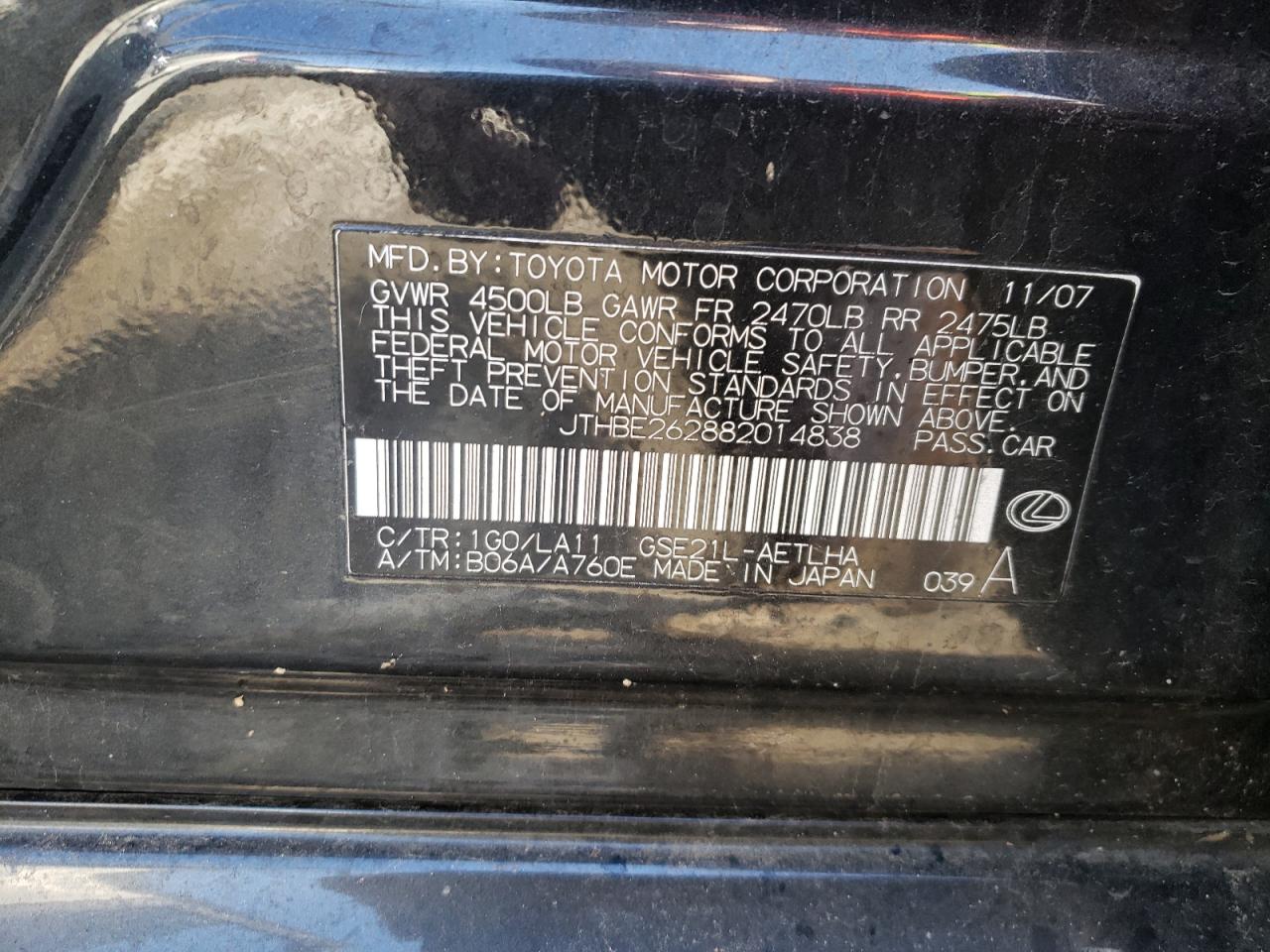 Photo 10 from auction – 2008 LEXUS IS 350 with VIN JTHBE262882014838