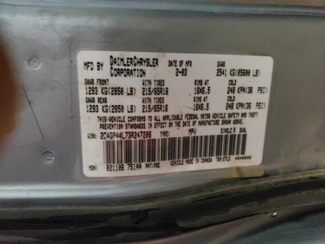 Photo 10 from auction – 2003 CHRYSLER TOWN & COU with VIN 2C4GP44L73R247208