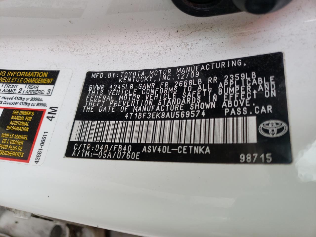 Photo 10 from auction – 2010 TOYOTA CAMRY BASE with VIN 4T1BF3EK8AU569574