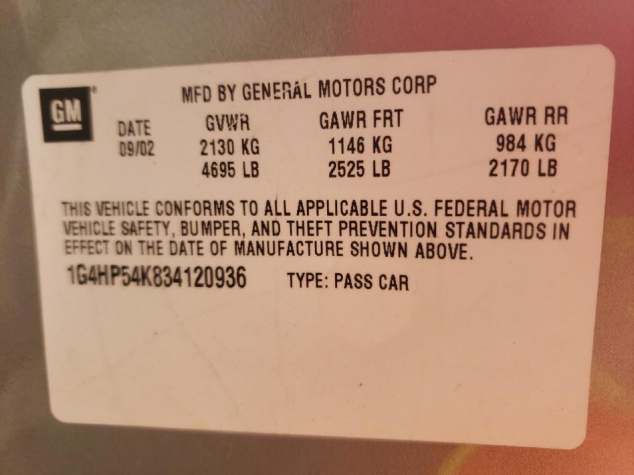 Photo 10 from auction – 2003 BUICK LESABRE with VIN 1G4HP54K834120936