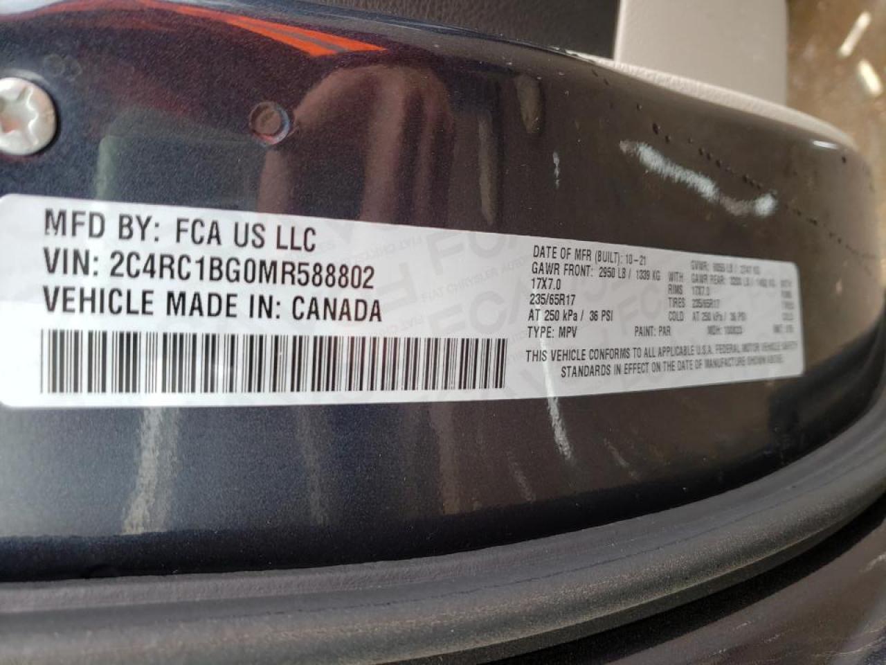 Photo 10 from auction – 2021 CHRYSLER PACIFICA T with VIN 2C4RC1BG0MR588802
