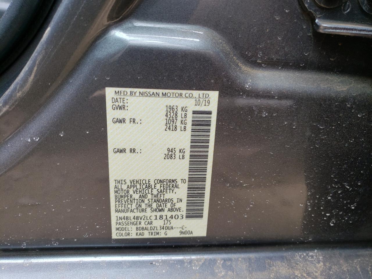 Photo 10 from auction – 2020 NISSAN ALTIMA S with VIN 1N4BL4BV2LC181403