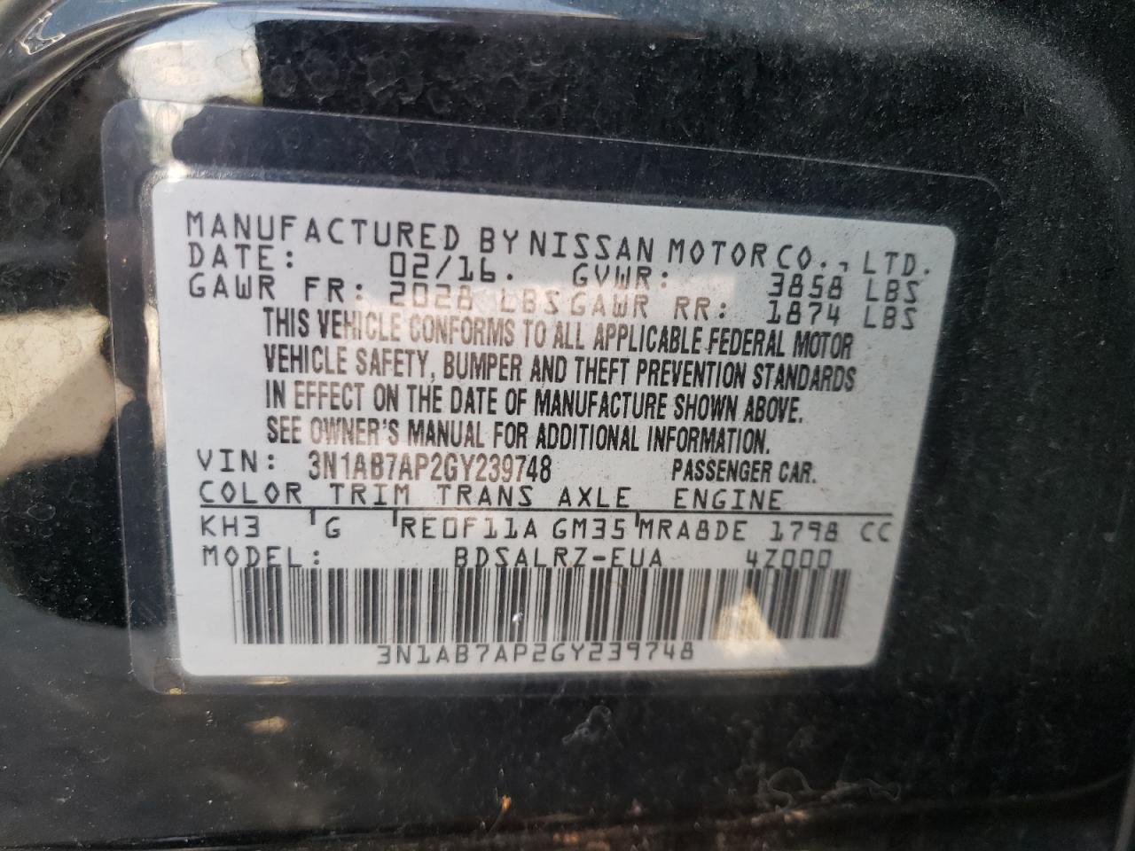 Photo 10 from auction – 2016 NISSAN SENTRA S with VIN 3N1AB7AP2GY239748