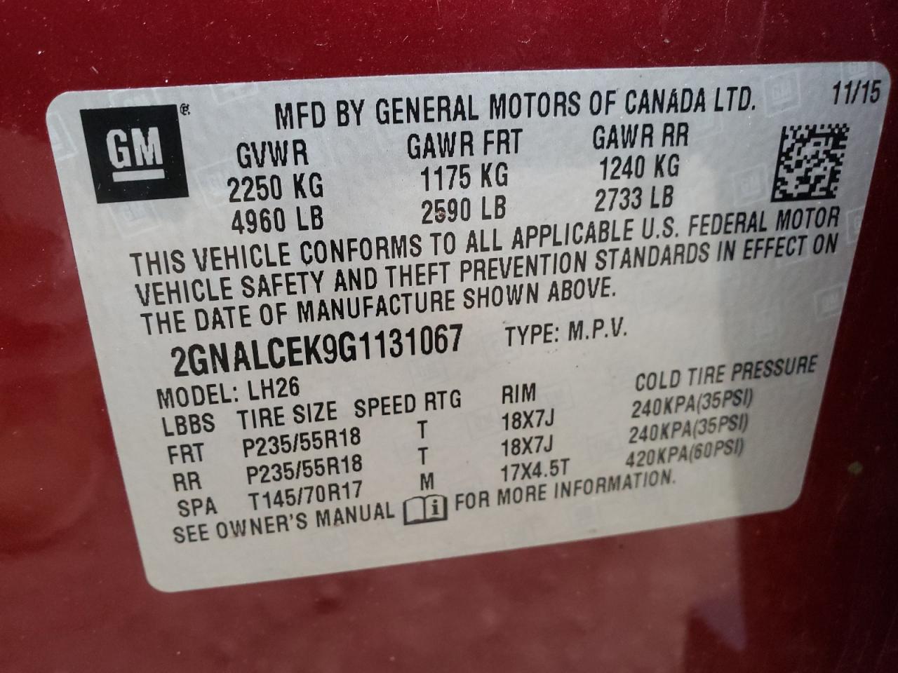 Photo 10 from auction – 2016 CHEVROLET EQUINOX LT with VIN 2GNALCEK9G1131067