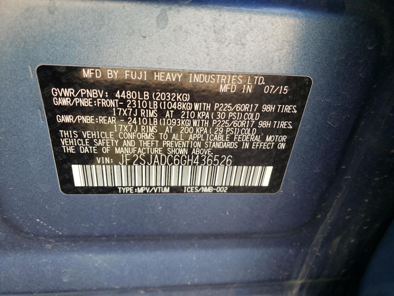 Photo 10 from auction – 2016 SUBARU FORESTER 2 with VIN JF2SJADC6GH436526