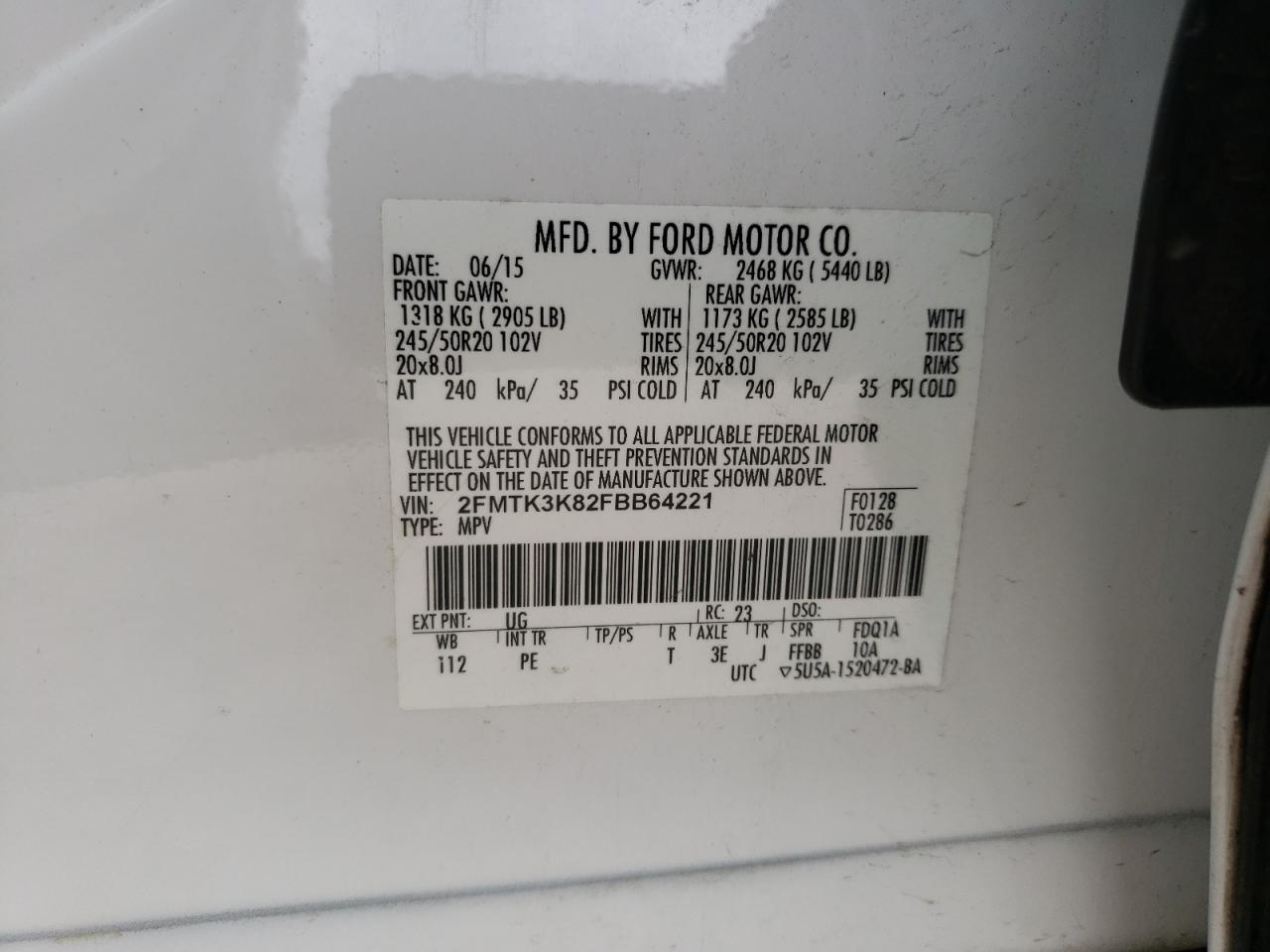 Photo 10 from auction – 2015 FORD EDGE TITAN with VIN 2FMTK3K82FBB64221