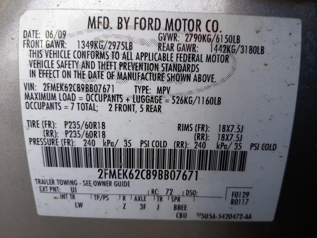 Photo 10 from auction – 2009 FORD FLEX SEL with VIN 2FMEK62C89BB07671