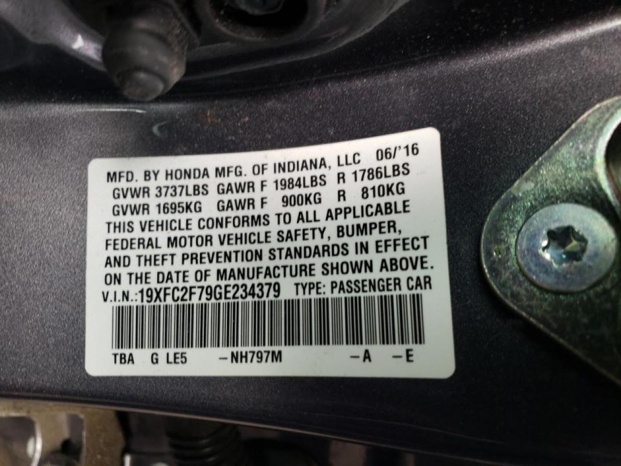 Photo 10 from auction – 2016 HONDA CIVIC EX with VIN 19XFC2F79GE234379