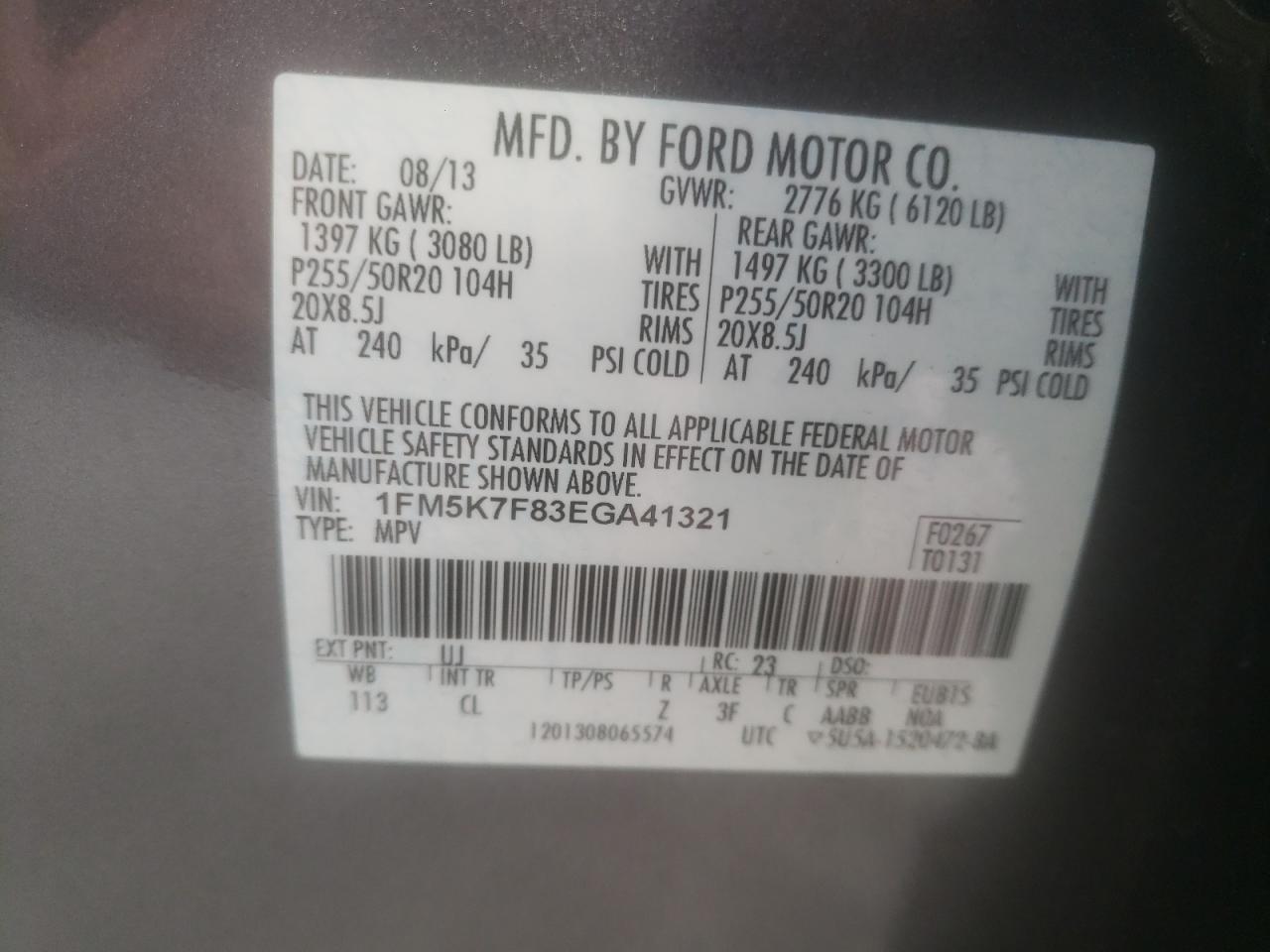 Photo 10 from auction – 2014 FORD EXPLORER L with VIN 1FM5K7F83EGA41321