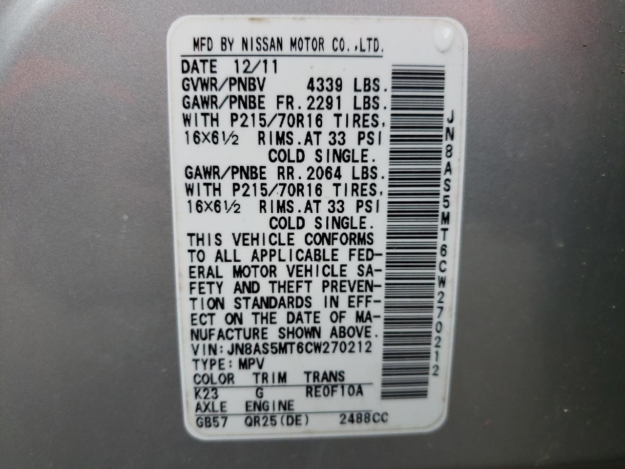 Photo 10 from auction – 2012 NISSAN ROGUE S with VIN JN8AS5MT6CW270212