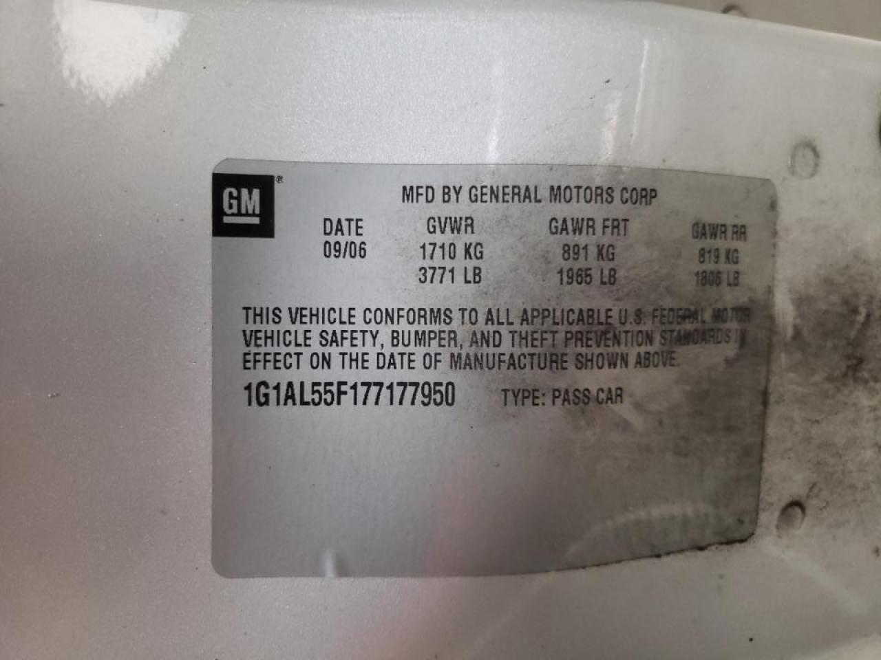 Photo 10 from auction – 2007 CHEVROLET COBALT LT with VIN 1G1AL55F177177950