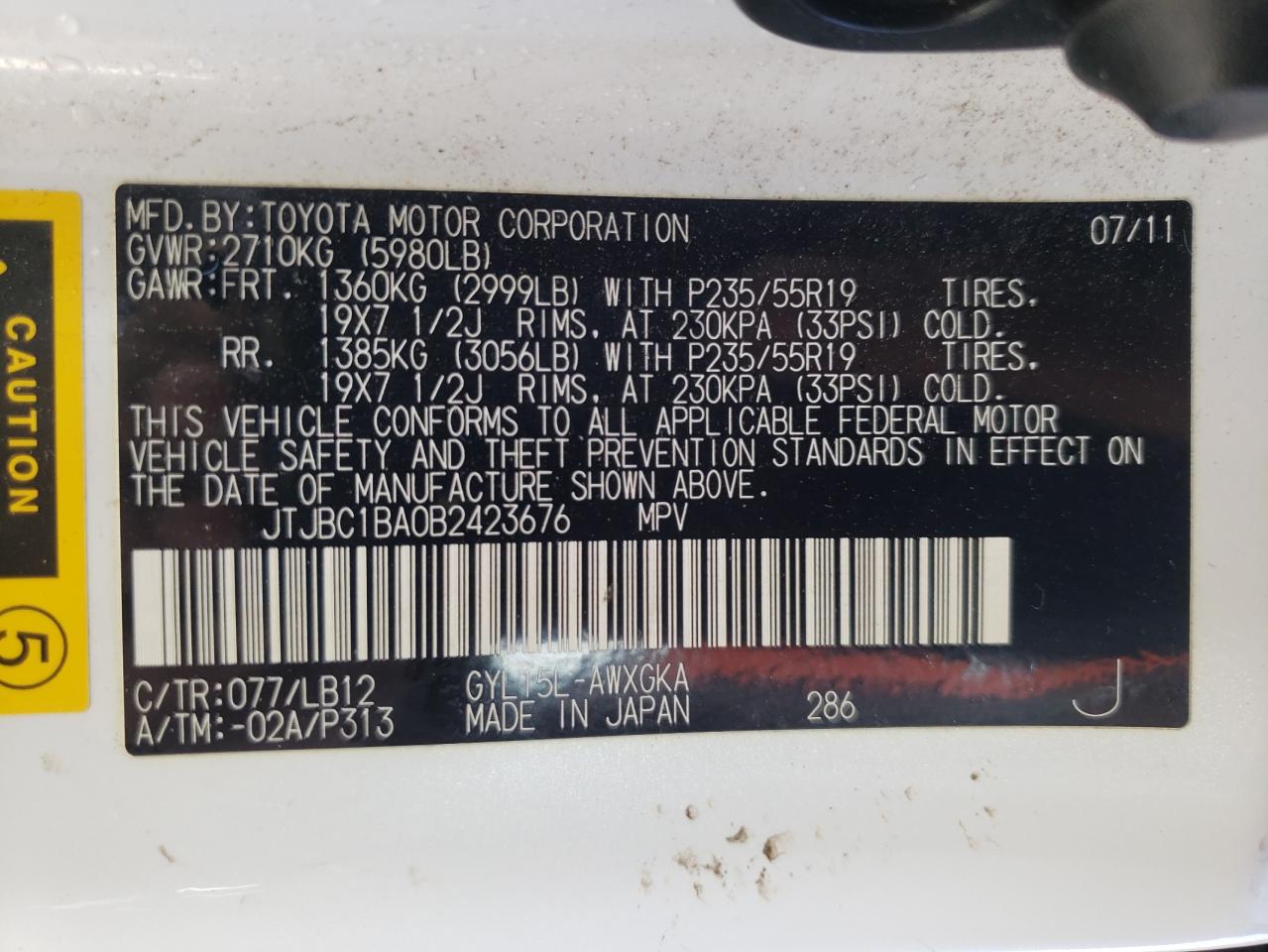 Photo 10 from auction – 2011 LEXUS RX 450 with VIN JTJBC1BA0B2423676