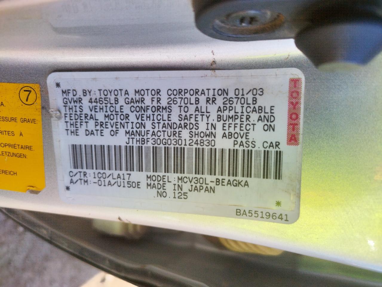 Photo 10 from auction – 2003 LEXUS ES 300 with VIN JTHBF30G030124830