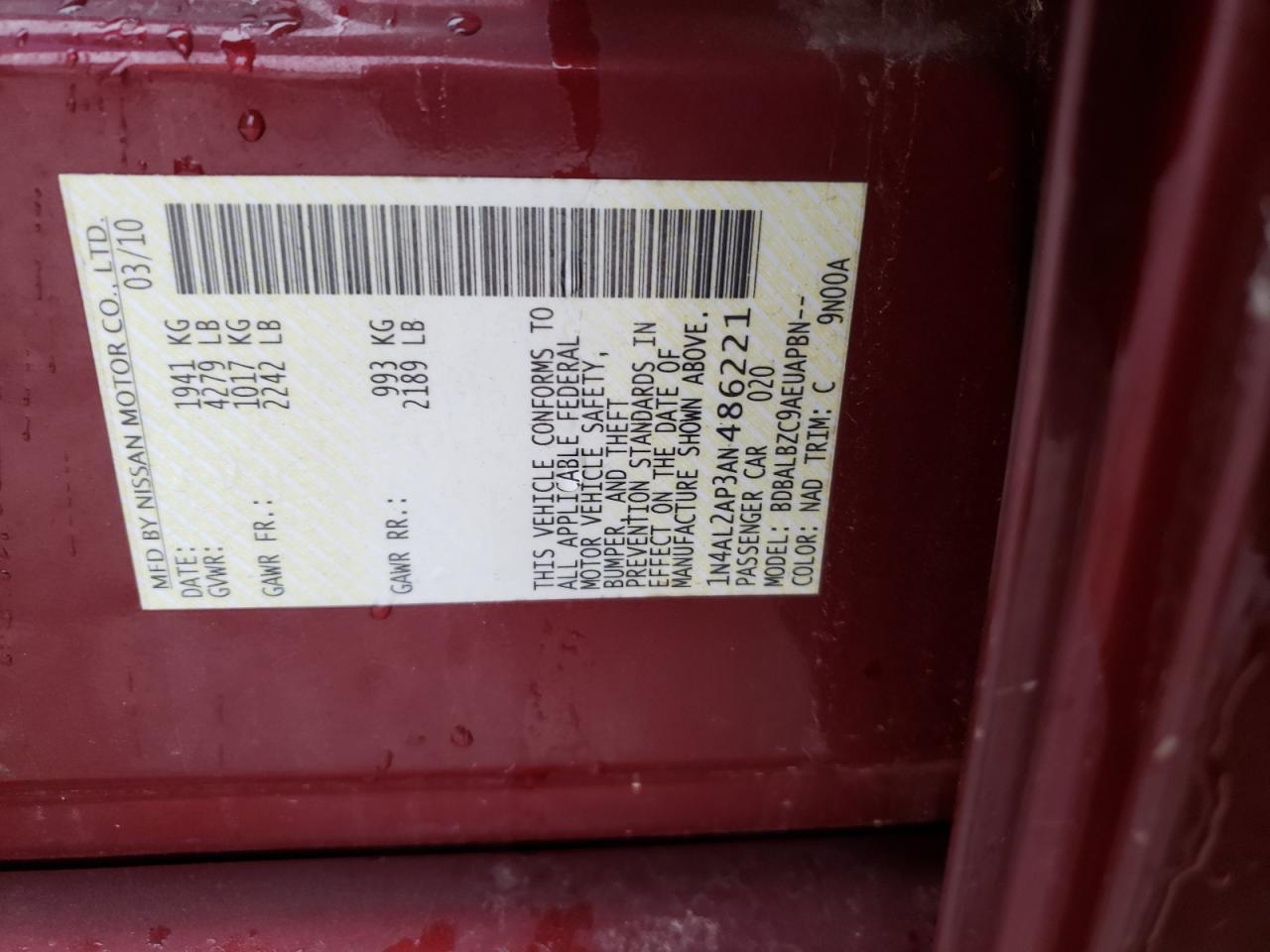Photo 10 from auction – 2010 NISSAN ALTIMA BAS with VIN 1N4AL2AP3AN486221