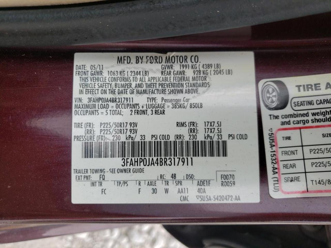 Photo 10 from auction – 2011 FORD FUSION SEL with VIN 3FAHP0JA4BR317911
