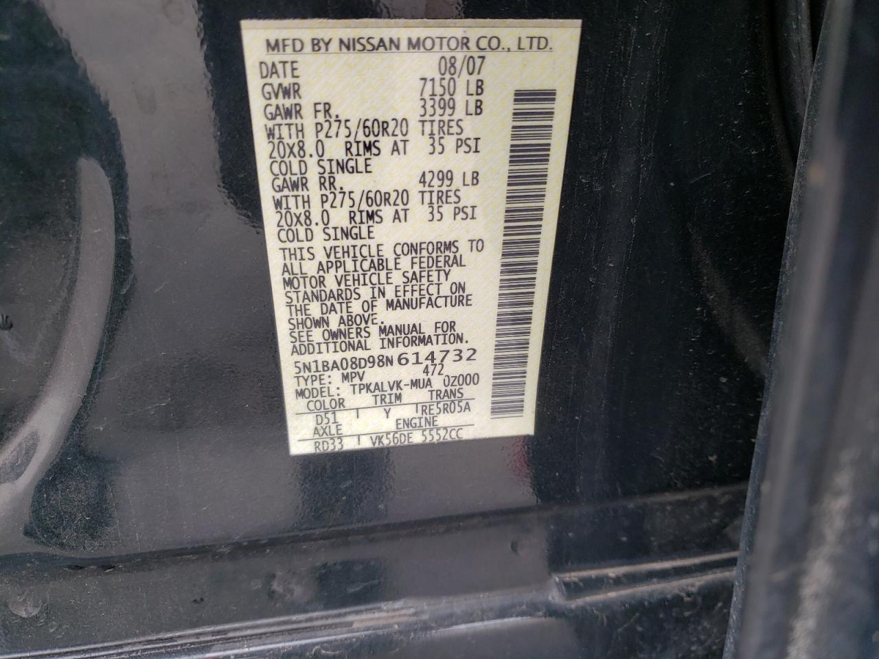 Photo 10 from auction – 2008 NISSAN ARMADA SE with VIN 5N1BA08D98N614732