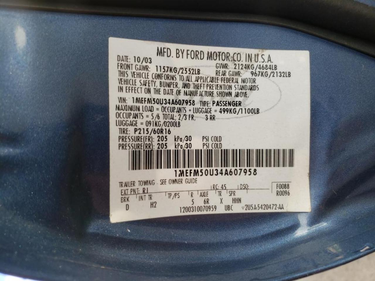 Фото 10 с аукциона – 2004 MERCURY SABLE GS с VIN 1MEFM50U34A607958