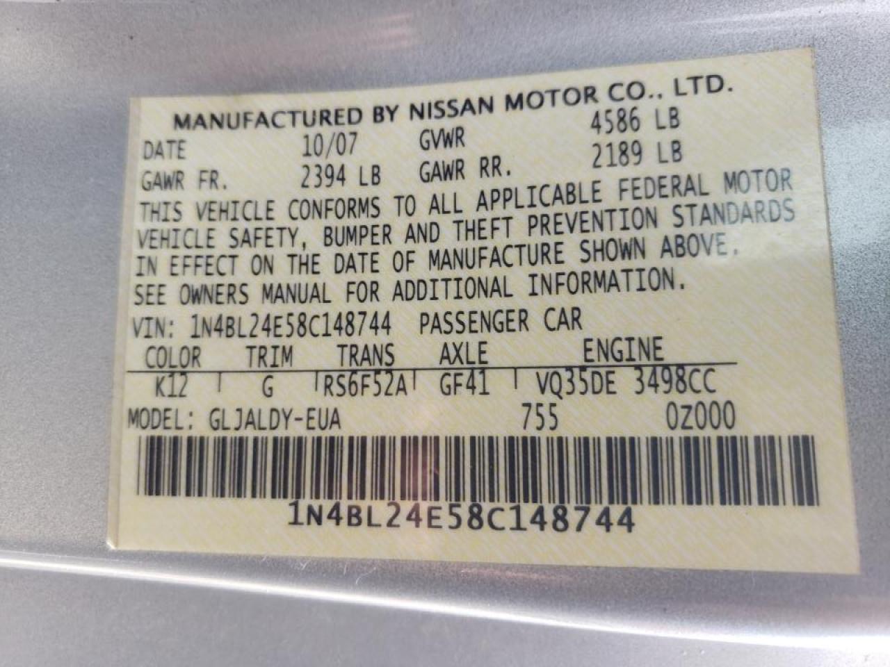 Photo 10 from auction – 2008 NISSAN ALTIMA 3.5 with VIN 1N4BL24E58C148744
