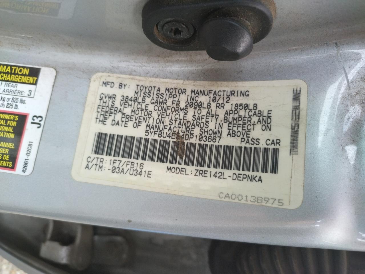 Photo 10 from auction – 2013 TOYOTA COROLLA BA with VIN 5YFBU4EE4DP103667