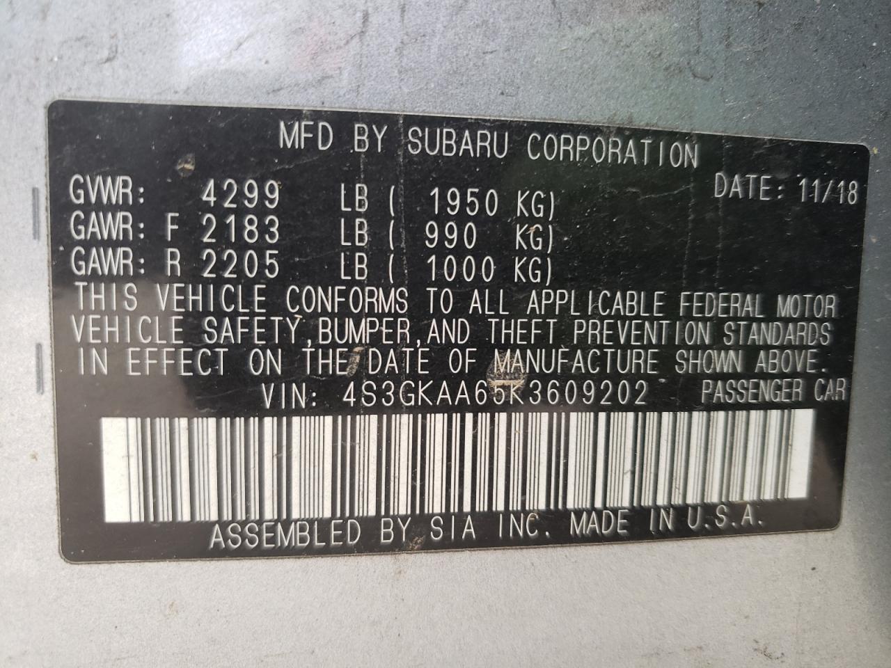 Photo 10 from auction – 2019 SUBARU IMPREZA with VIN 4S3GKAA65K3609202