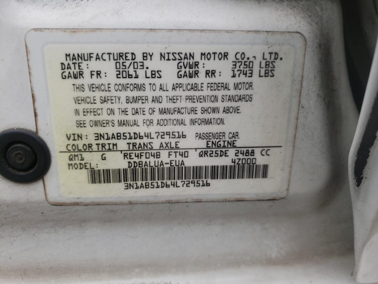 Photo 10 from auction – 2004 NISSAN SENTRA SE- with VIN 3N1AB51D64L729516