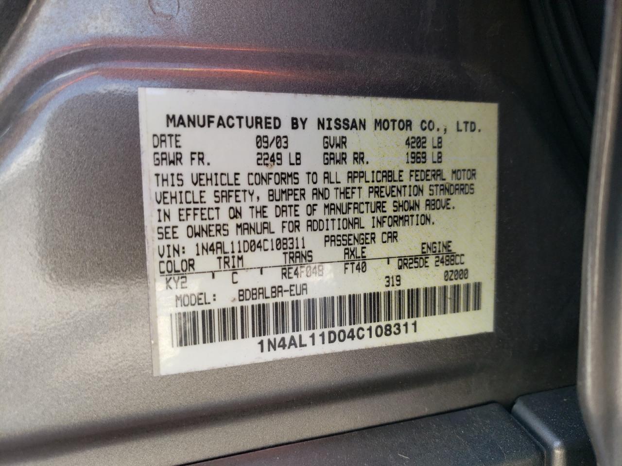 Photo 10 from auction – 2004 NISSAN ALTIMA BAS with VIN 1N4AL11D04C108311