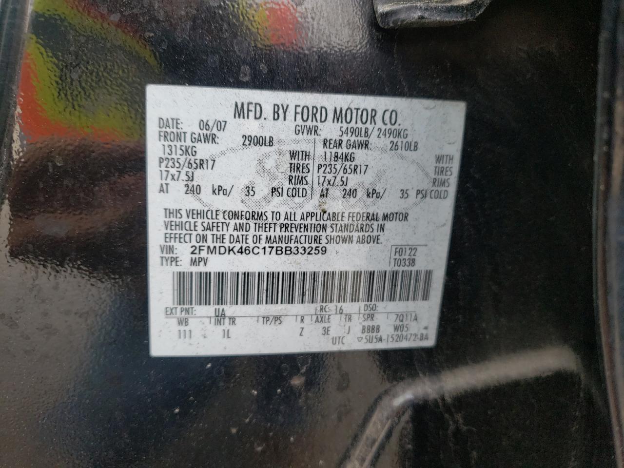 Photo 10 from auction – 2007 FORD EDGE SE with VIN 2FMDK46C17BB33259