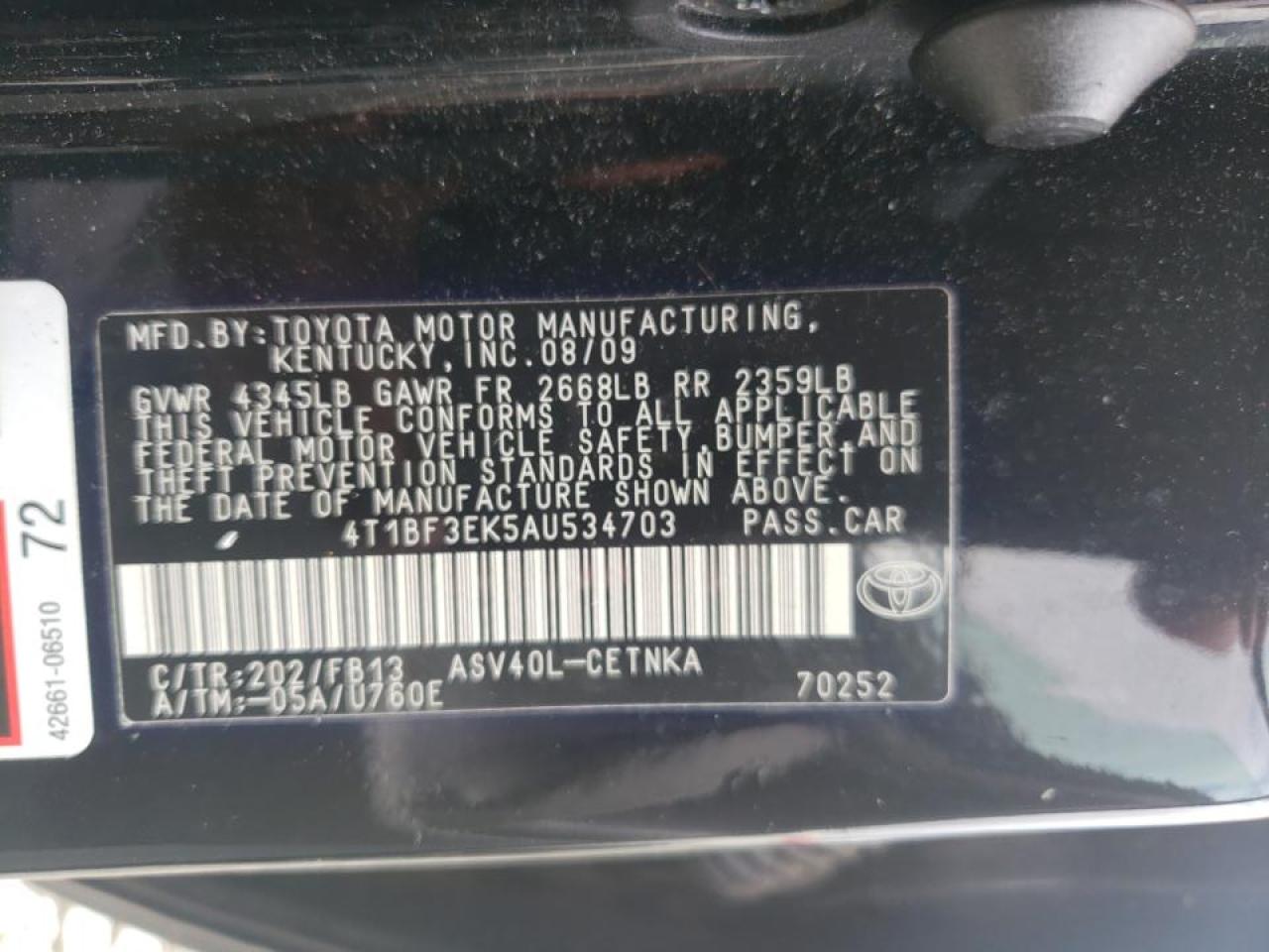 Photo 10 from auction – 2010 TOYOTA CAMRY BASE with VIN 4T1BF3EK5AU534703