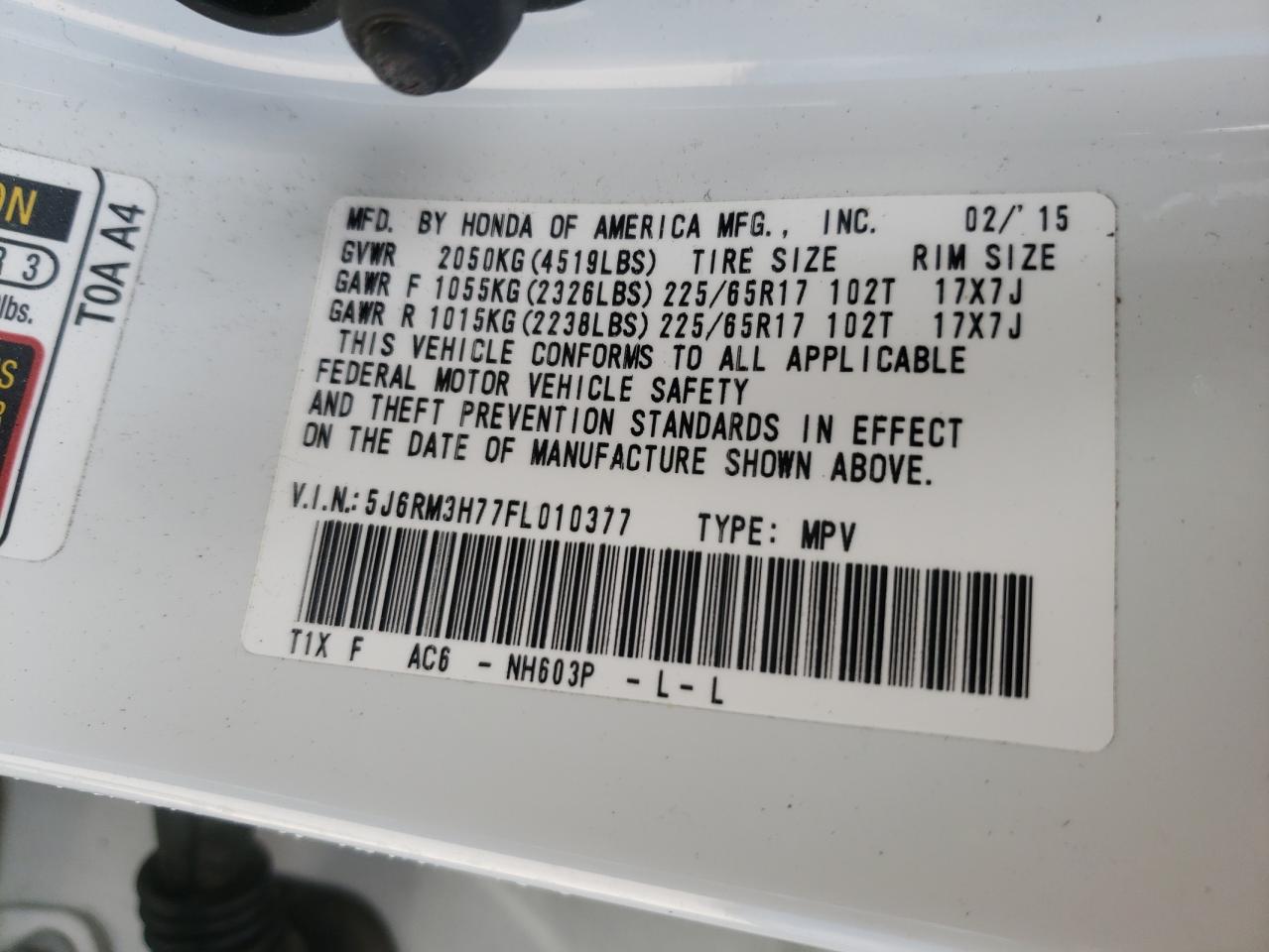 Photo 10 from auction – 2015 HONDA CR-V EXL with VIN 5J6RM3H77FL010377