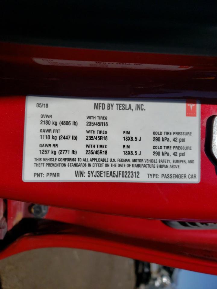 Photo 10 from auction – 2018 TESLA MODEL 3 with VIN 5YJ3E1EA5JF022312