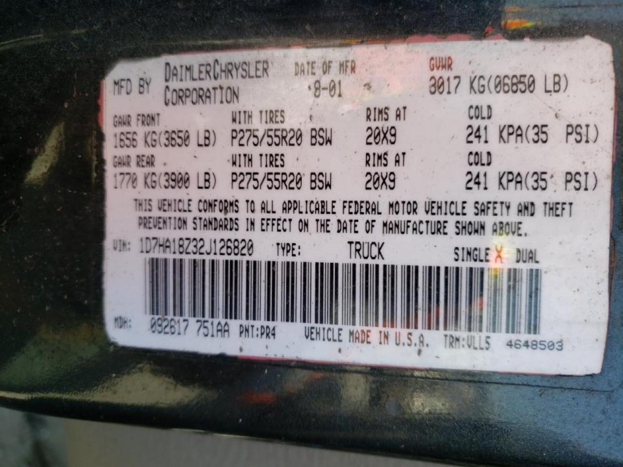 Photo 10 from auction – 2002 DODGE RAM 1500 with VIN 1D7HA18Z32J126820