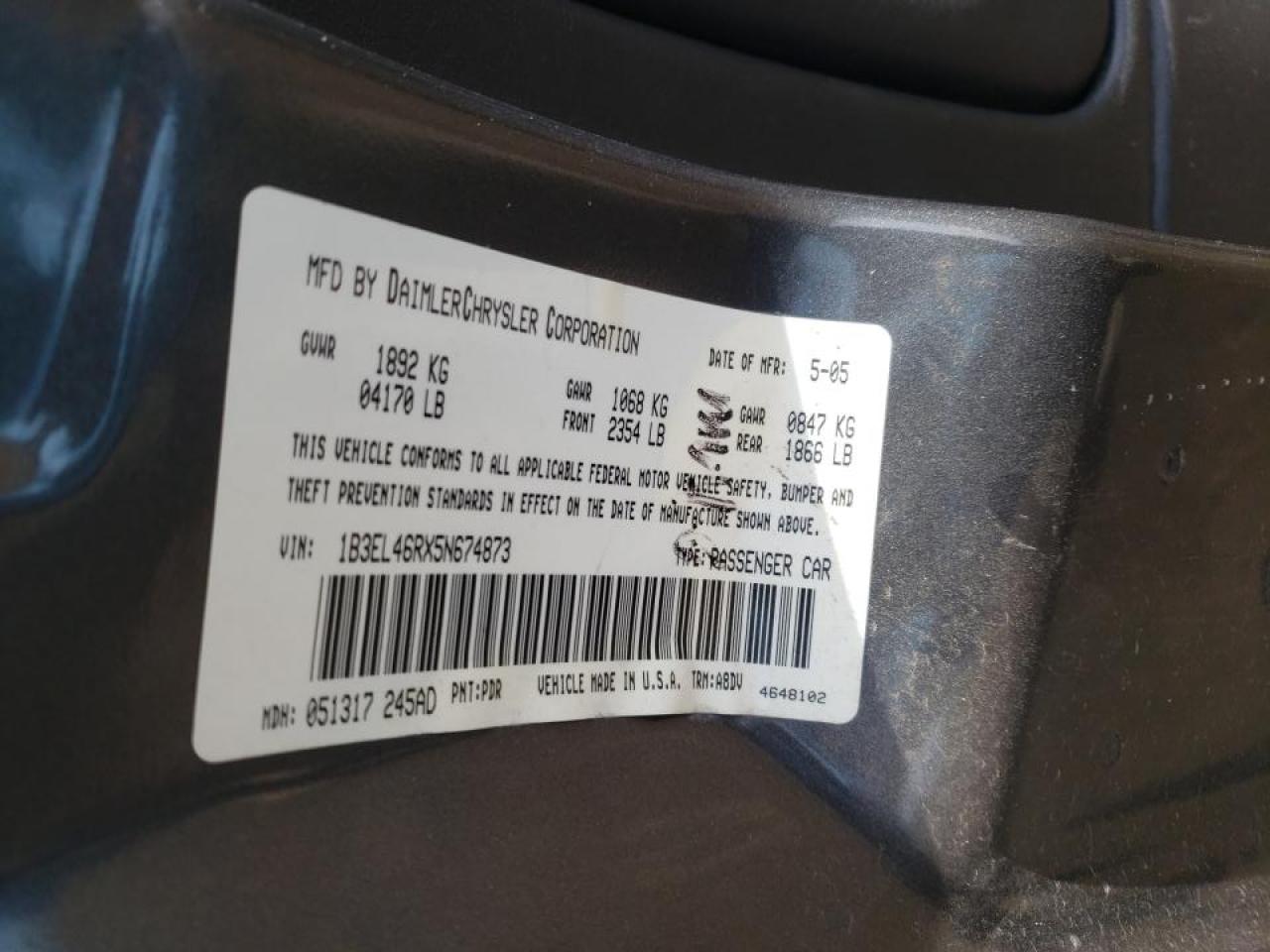 Photo 10 from auction – 2005 DODGE STRATUS SX with VIN 1B3EL46RX5N674873