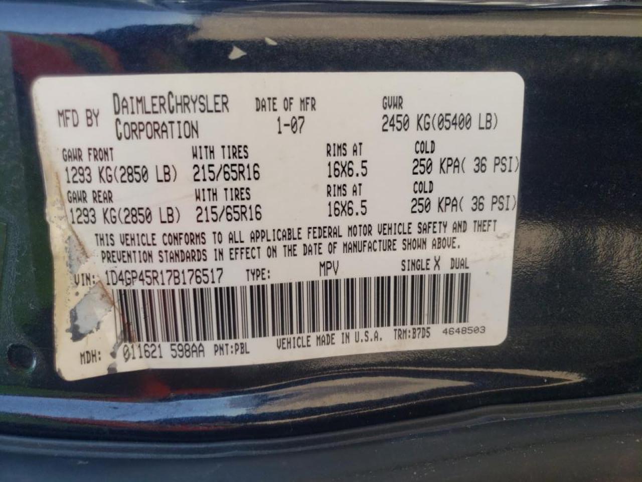Photo 10 from auction – 2007 DODGE CARAVAN SX with VIN 1D4GP45R17B176517