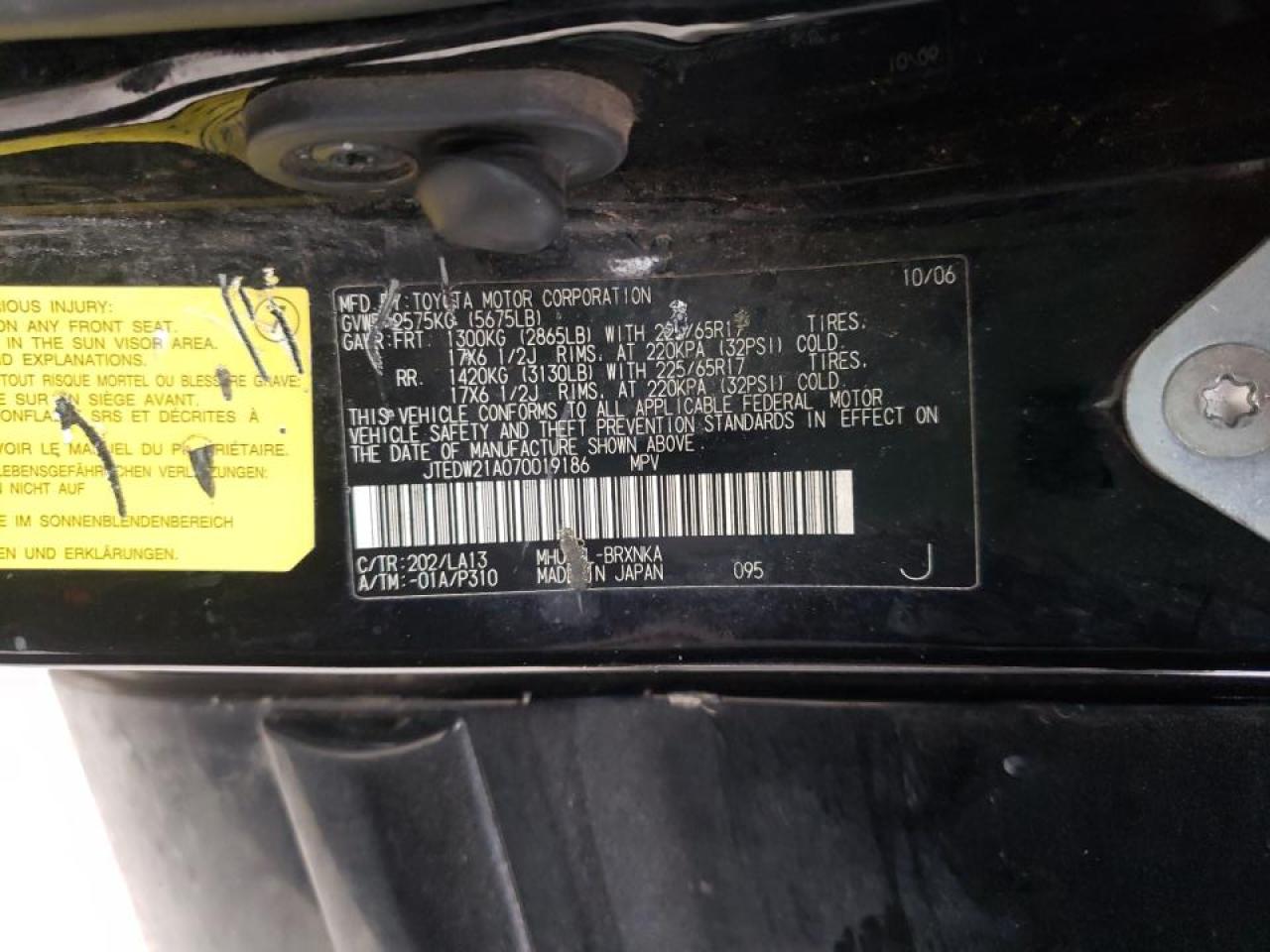 Photo 10 from auction – 2007 TOYOTA HIGHLANDER with VIN JTEDW21A070019186