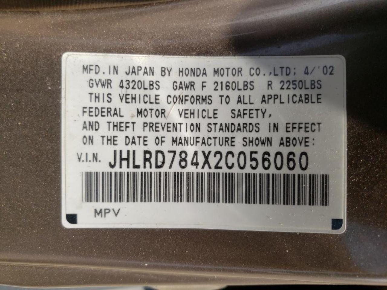 Photo 10 from auction – 2002 HONDA CR-V LX with VIN JHLRD784X2C056060